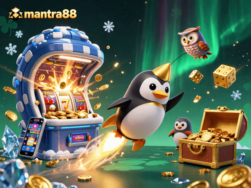 Experience exhilarating gaming at mantra88 with a golden penguin soaring through casino treasures.