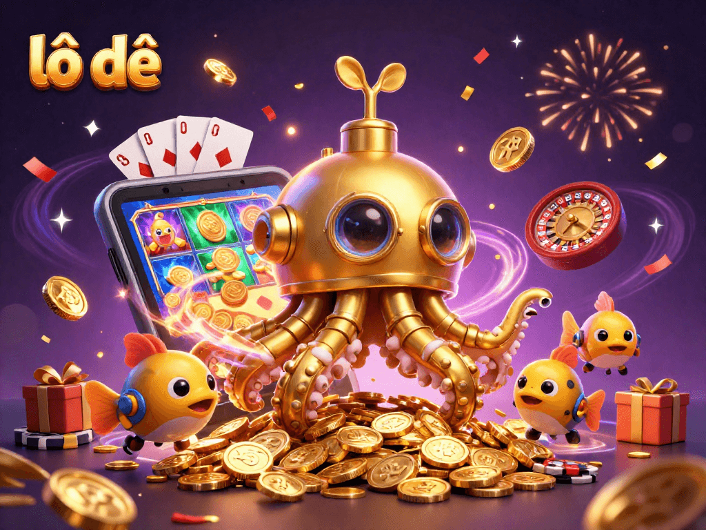 Experience excitement in lô đề with a majestic kraken submarine amid golden coins and festive gaming elements.