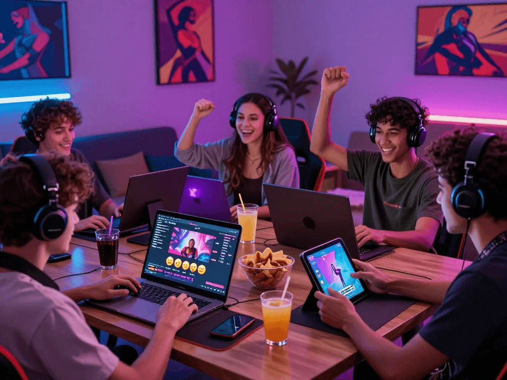 Engaged players enjoying sex games on various devices in a vibrant gaming setup.