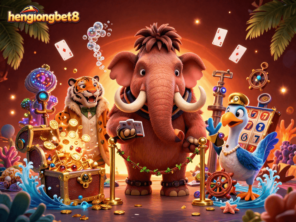Engage with hengongbet8's vibrant casino scene featuring a woolly mammoth bouncer and a saber-tooth tiger.