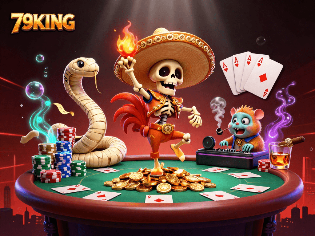 Engage in thrilling actions with 79KING during a lively poker scene featuring vibrant characters.