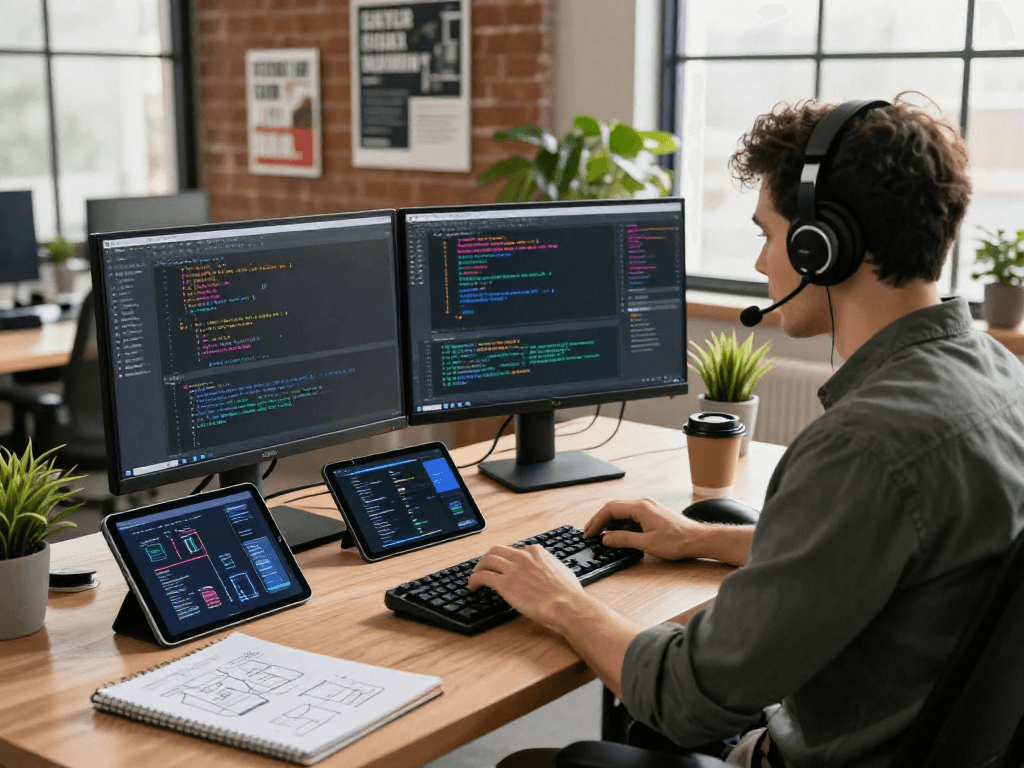 Innovative software developer coding at dual monitors displaying IDE and app designs on https://net88.se.net, showcasing a modern workspace.