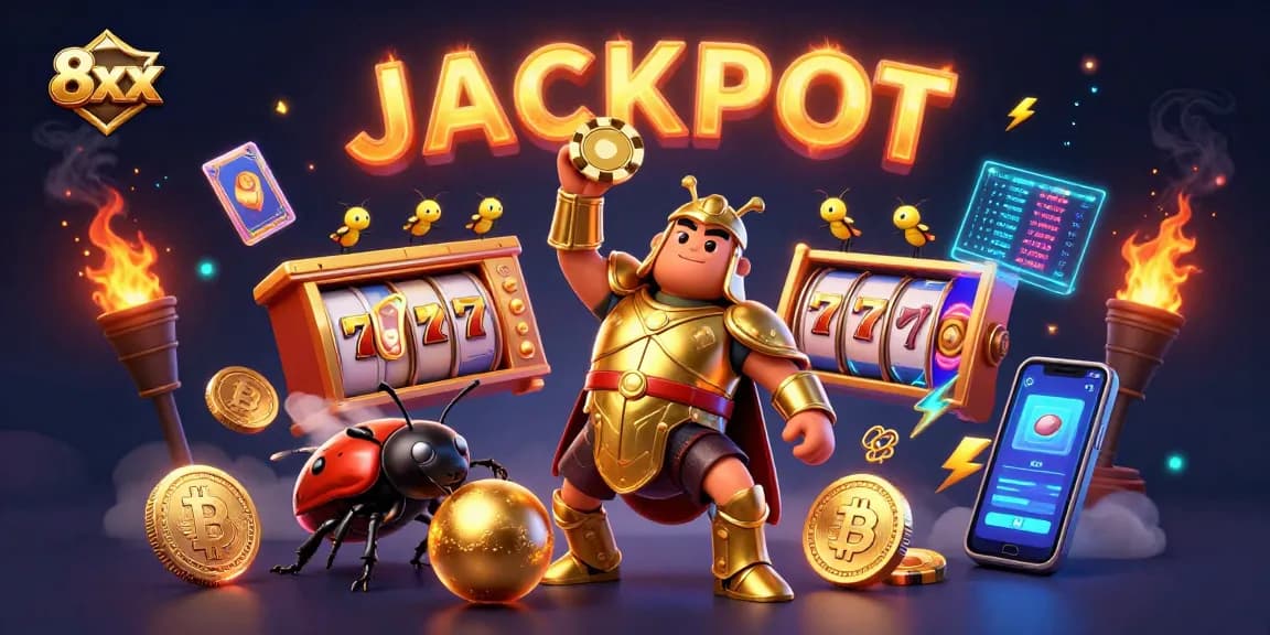Experience thrilling wins at 8xx, featuring a triumphant beetle champion and vibrant gaming elements.
