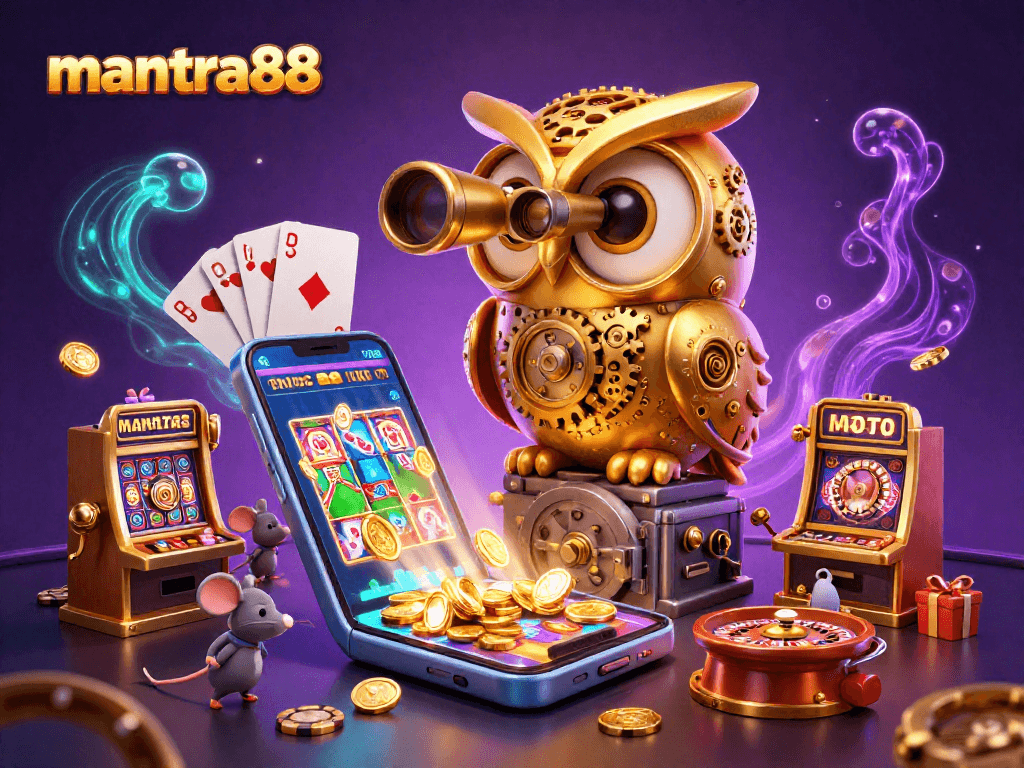 Experience the thrill of mantra88 gaming with an enchanted owl and lively mice in a vibrant casino scene.
