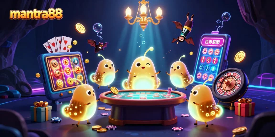 Experience excitement at mantra88 with vibrant glowworms lighting a colorful casino scene, showcasing thrilling gaming elements.