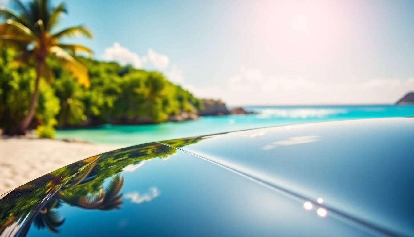 Enjoy the scenic views while you rent a car st barth, with a beach and lush background.