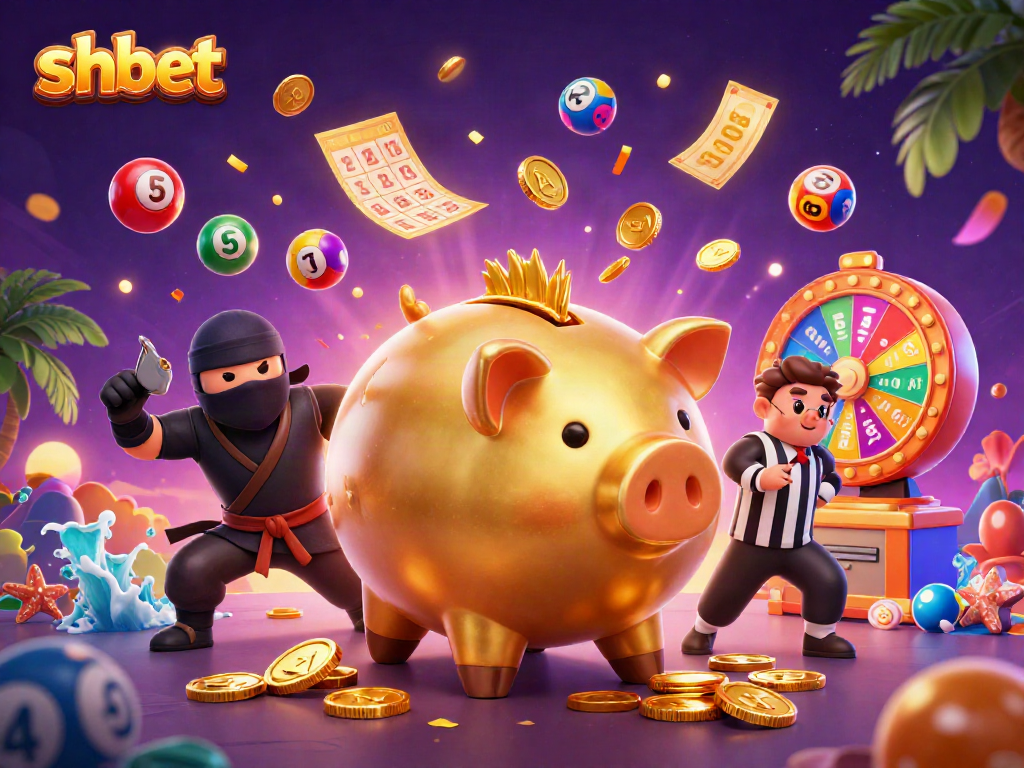 Win big with shbet in a vibrant casino scene filled with dynamic lottery elements and energetic characters.