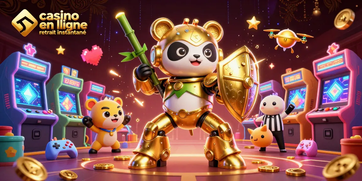 Animations de casino en ligne retrait instantané avec un panda pilote et des machines à sous colorées.