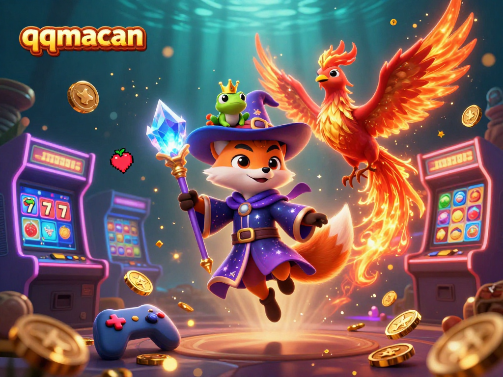 Spin jackpots with qqmacan featuring a wizard fox, phoenix, and crowned frog in a vibrant casino world.