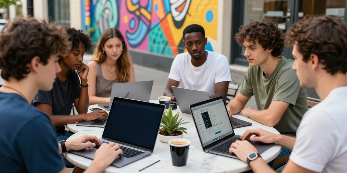 onlyfans leaks discussion in urban cafe with diverse group and digital devices