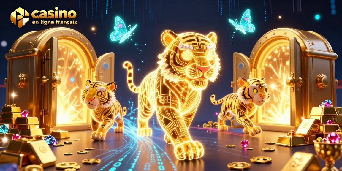 Explorez le casino en ligne français avec un tigre doré et des trésors scintillants autour.