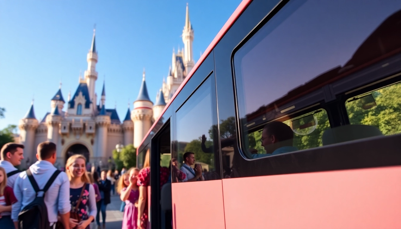 Families boarding a shuttle from Disneyland Paris to airport, showcasing a magical journey.
