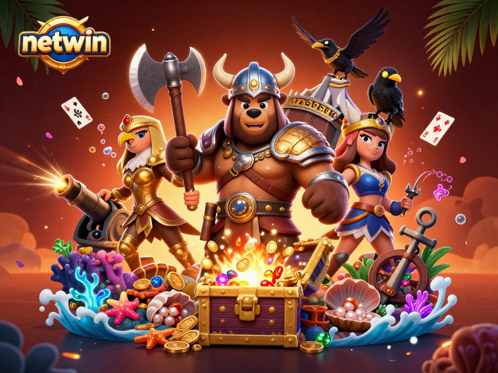 Engage with netwin's vibrant online casino world featuring a Viking bear and golden eagle.