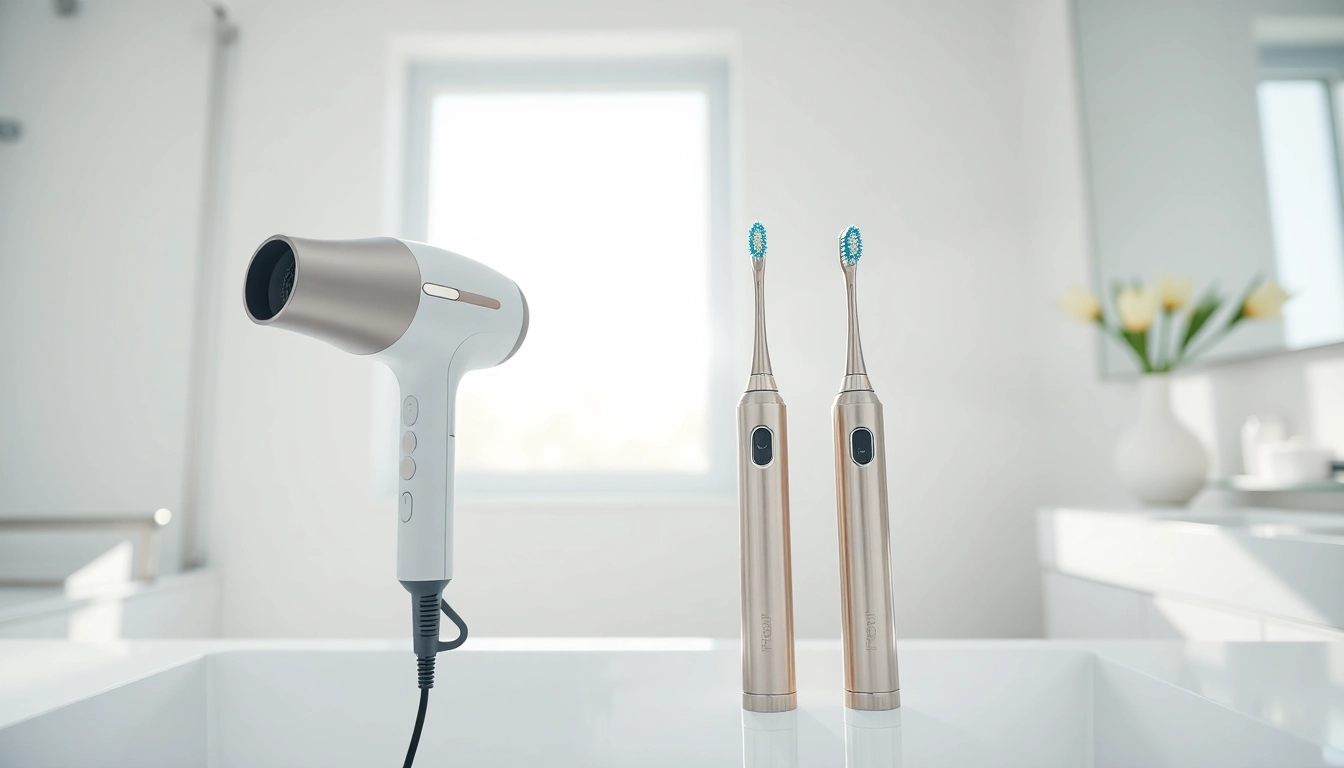 Capture Laifentech products showcasing a hair dryer and toothbrush in a stylish bathroom.
