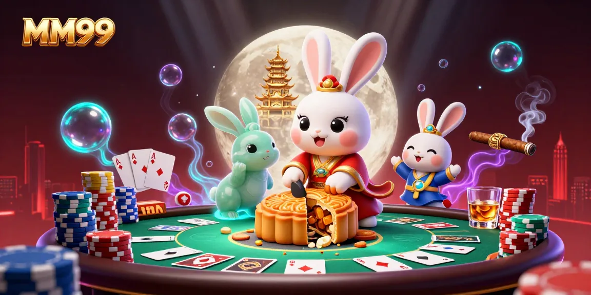 Experience MM99 thrills with a cartoon moon rabbit and vibrant poker elements in 3D.