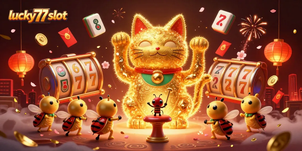 Engage with the exciting lucky77 slot experience surrounded by golden symbols and vibrant casino elements.
