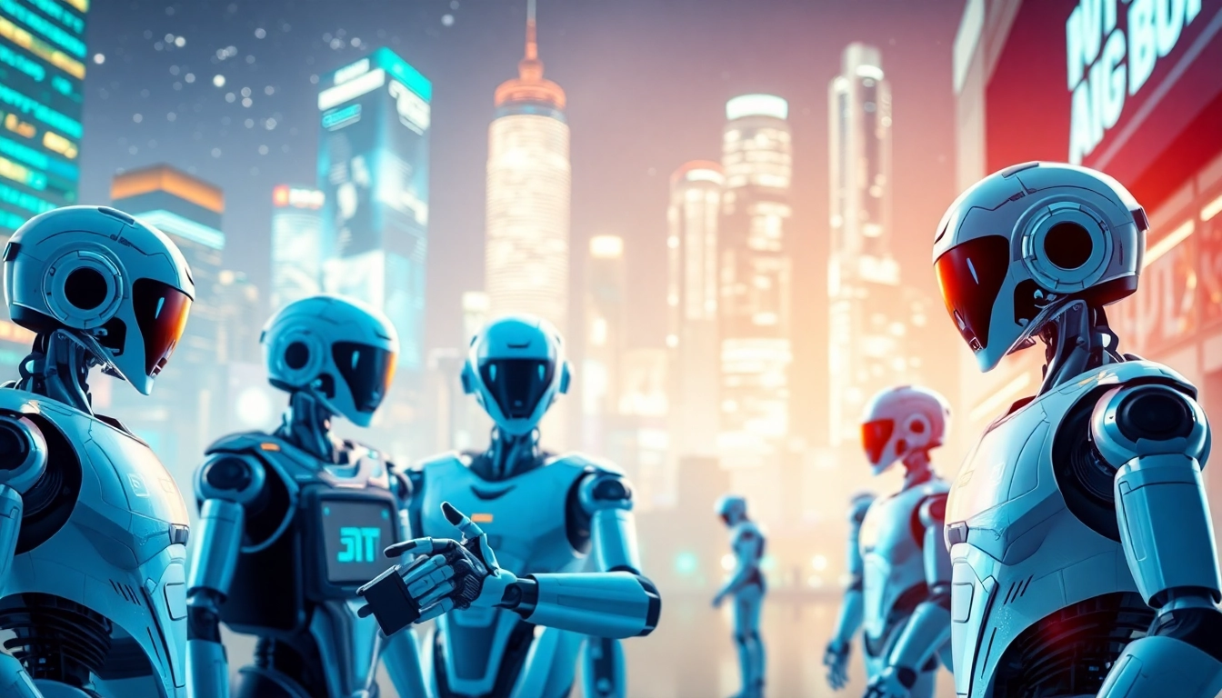 Engaging Ai Bots collaborating in a vibrant futuristic urban environment.