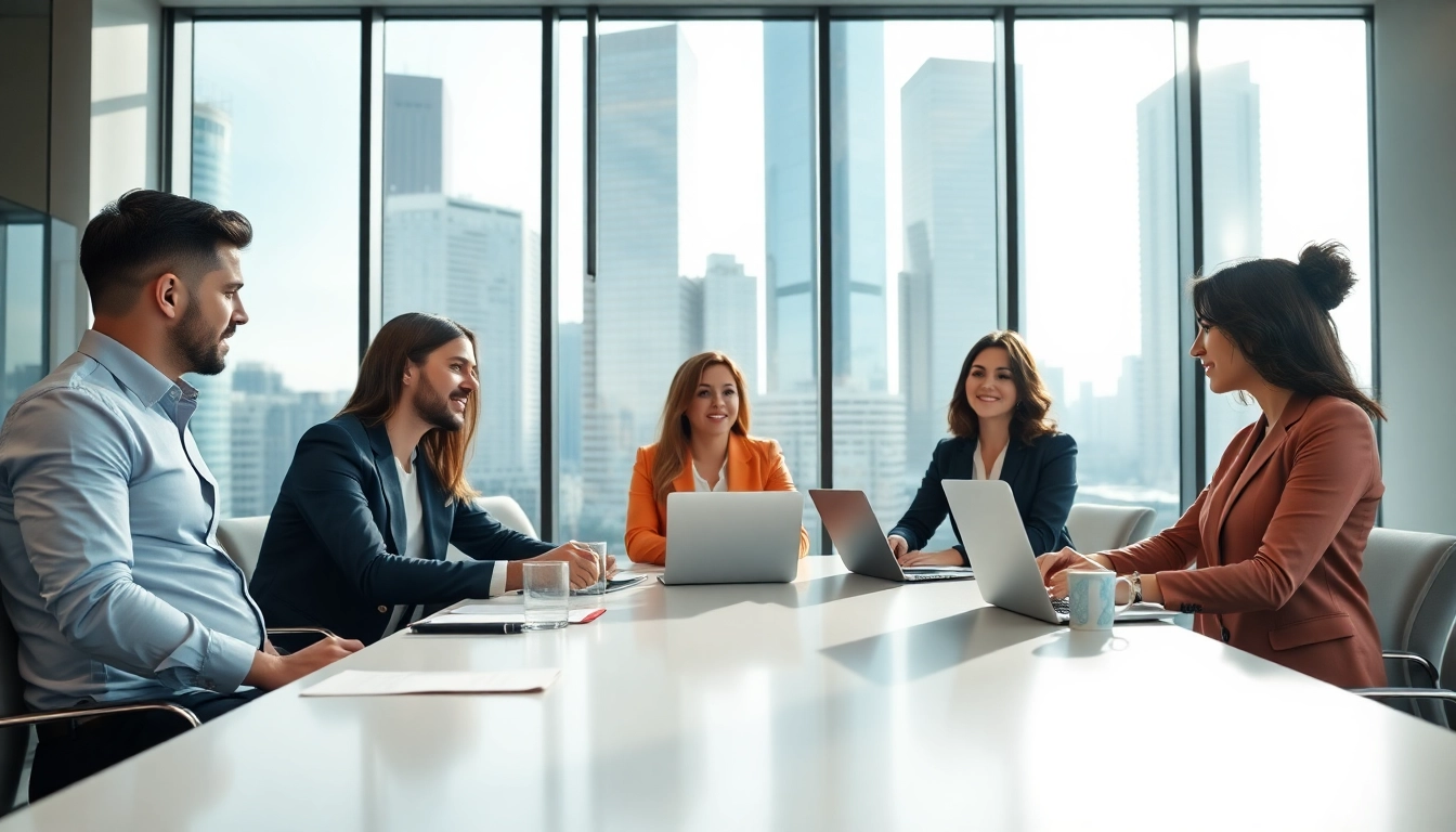 Business leaders collaborate at theredandwhitemagz.com, showcasing a modern office atmosphere.