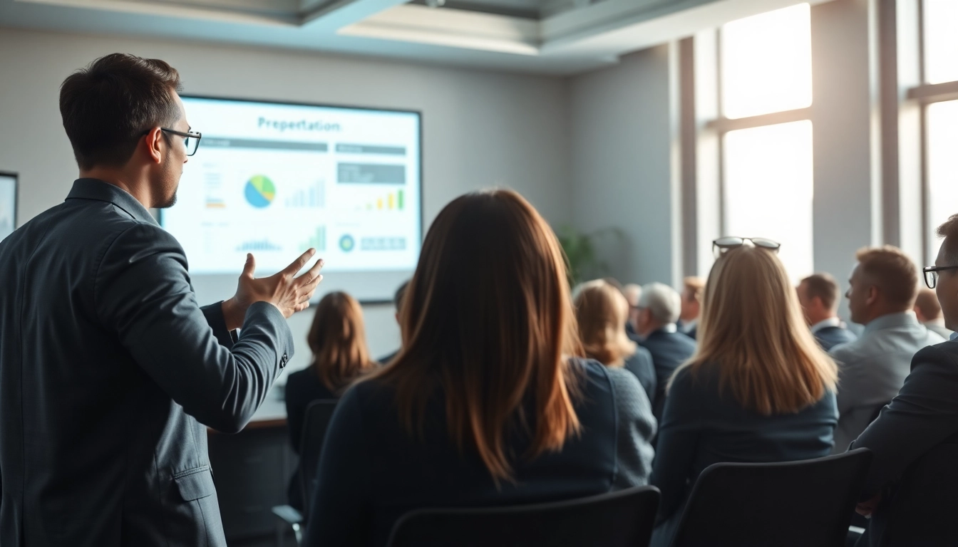 Enhance your presentation skills training with a dynamic presenter engaging an attentive audience.