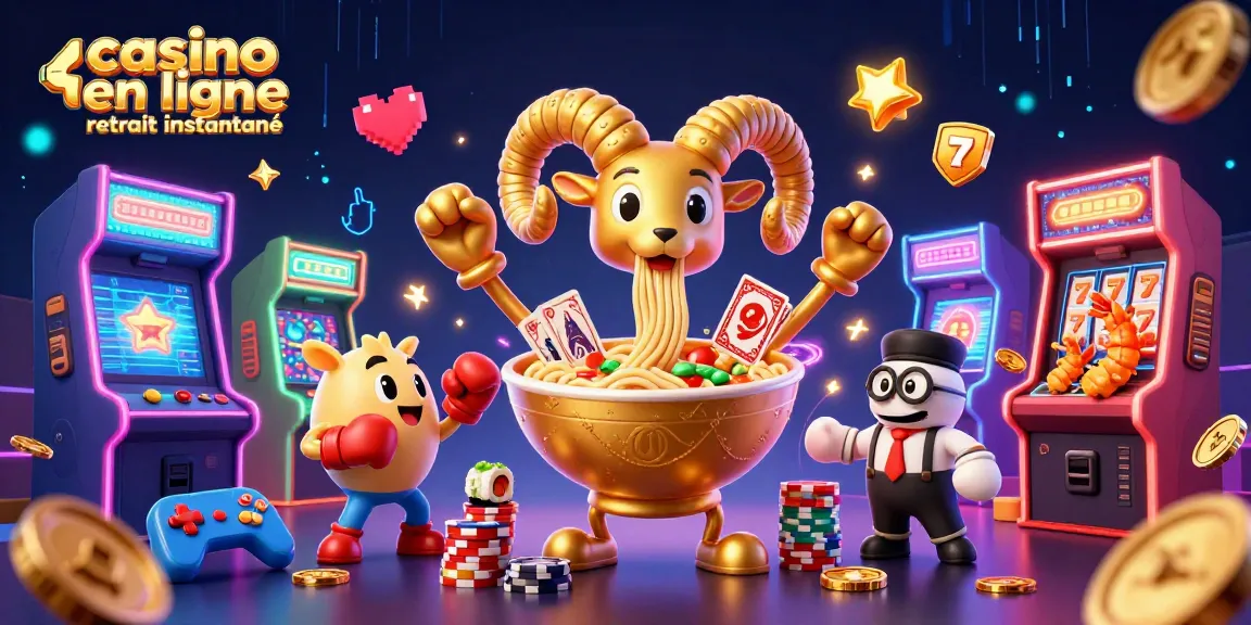 Casino en ligne retrait instantané : une scène dynamique avec un bol de ramen géant et des éléments de jeu colorés.