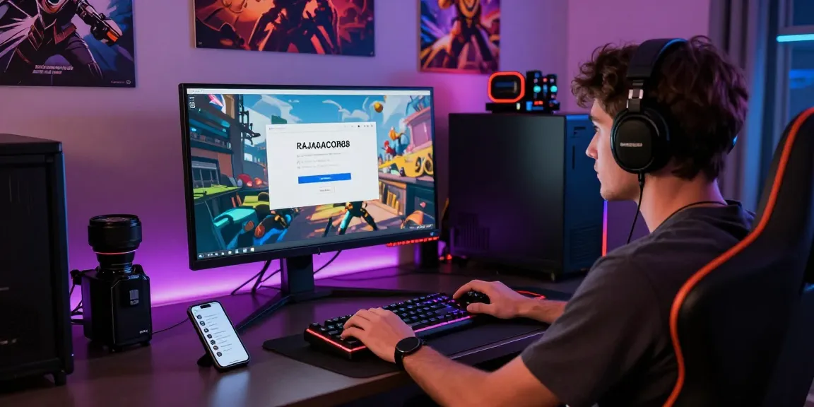 Login setup for rajagacor88 featuring a gamer at a modern desk.