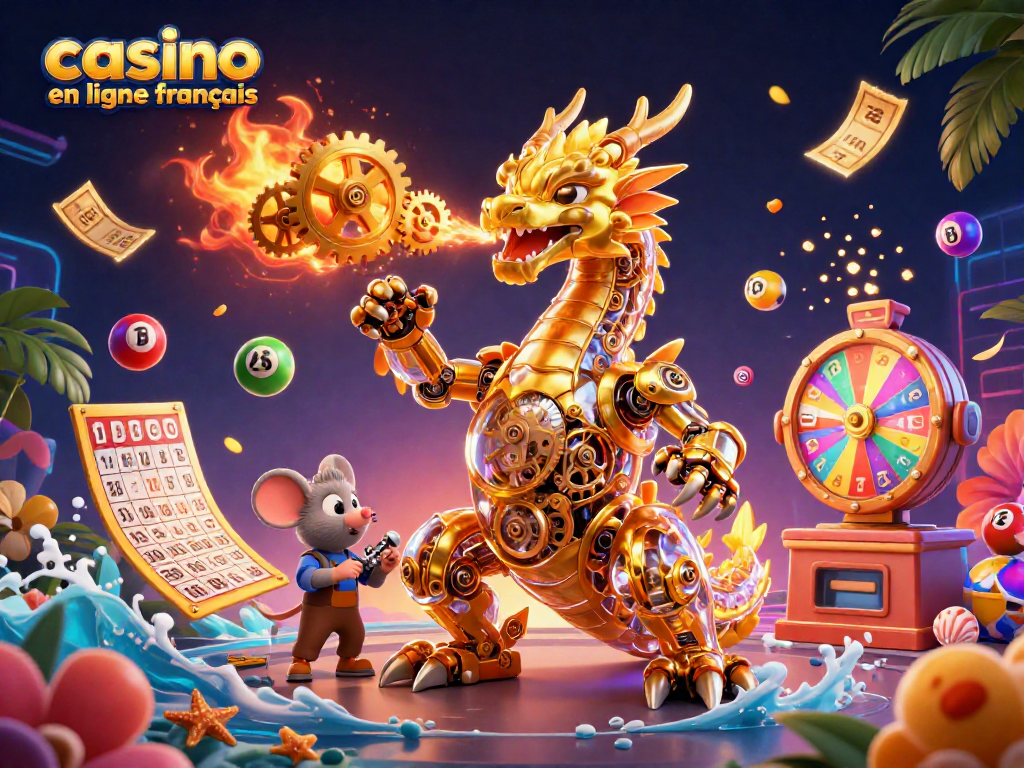 Jouez à casino en ligne francais avec un dragon mécanique doré dans une scène dynamique.