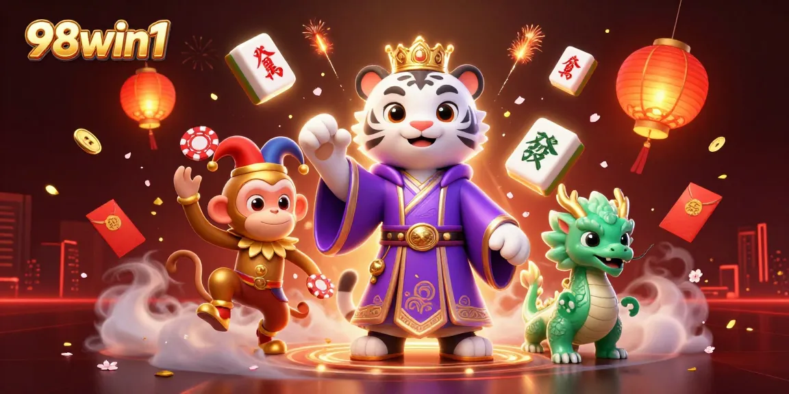 Experience thrilling gameplay at 98win1 with colorful characters, vibrant casino elements, and festive atmosphere.