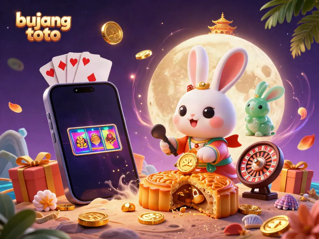 Bujang Toto gaming adventure featuring a moon rabbit revealing poker chips amidst a rich casino scene.