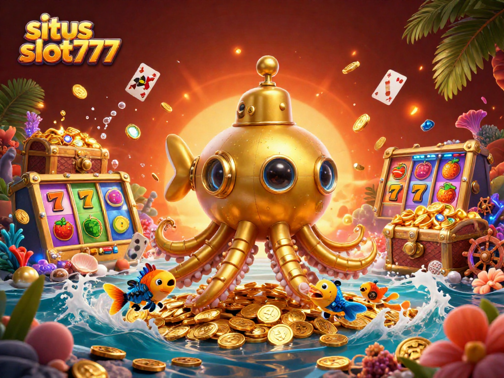 Engage in exciting gameplay with situs slot777 featuring a vibrant gold kraken submarine amidst slot reels and treasure.