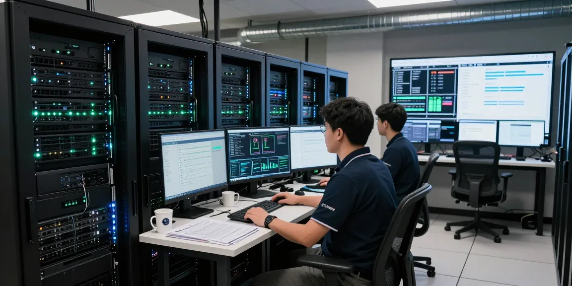 Dedicated servers managed by a technician in a modern data center, showcasing advanced technology and server performance.