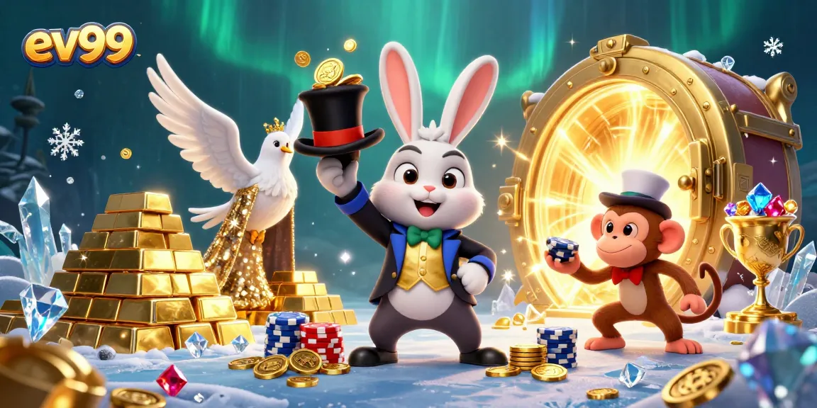 Experience the magic of gaming with ev99, featuring enchanting characters, gold coins, and vibrant casino elements.