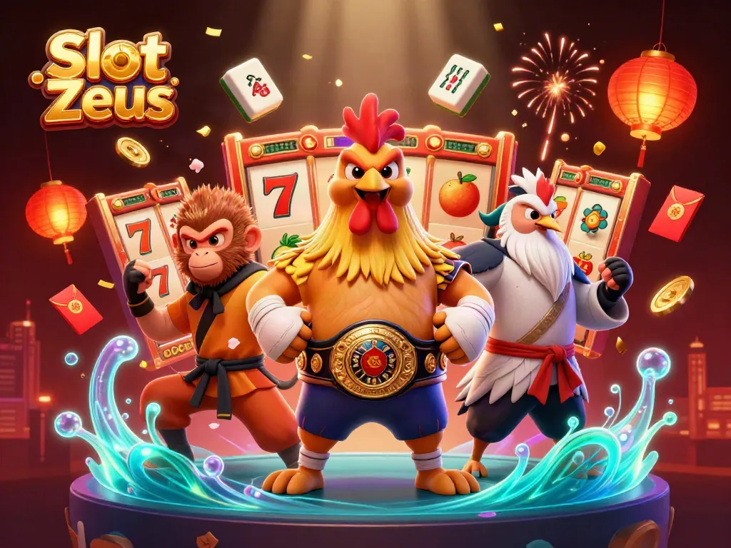 Memenangkan jackpot di Slot Zeus dengan simbol keberuntungan, mesin slot, dan karakter bersejarah.