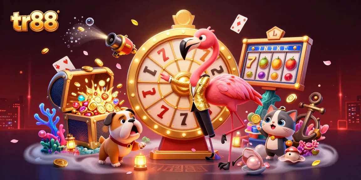 Spin the giant prize wheel for tr88 at the vibrant casino scene filled with energetic characters and gaming elements.