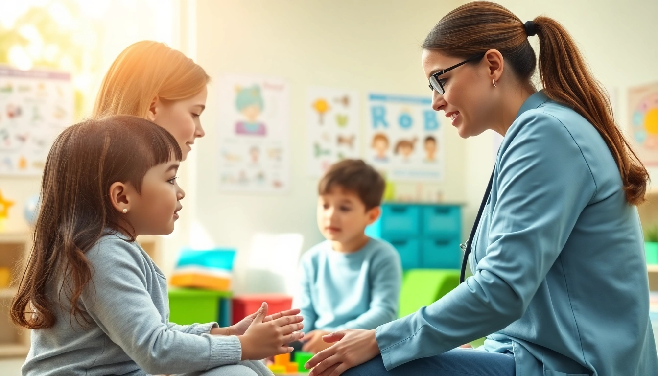 What is ABA therapy illustrated through a therapist engaging with a child in a bright therapy room.