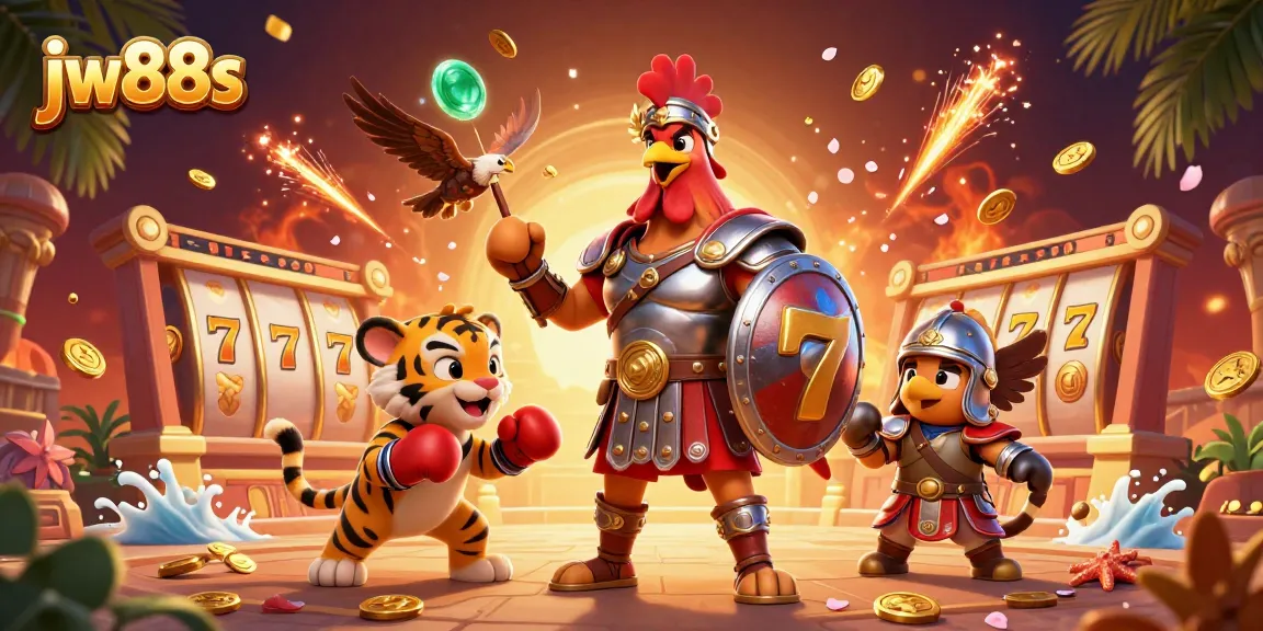 Experience the excitement of jw88s with a colorful casino-themed 3D illustration featuring lively characters and dynamic elements.