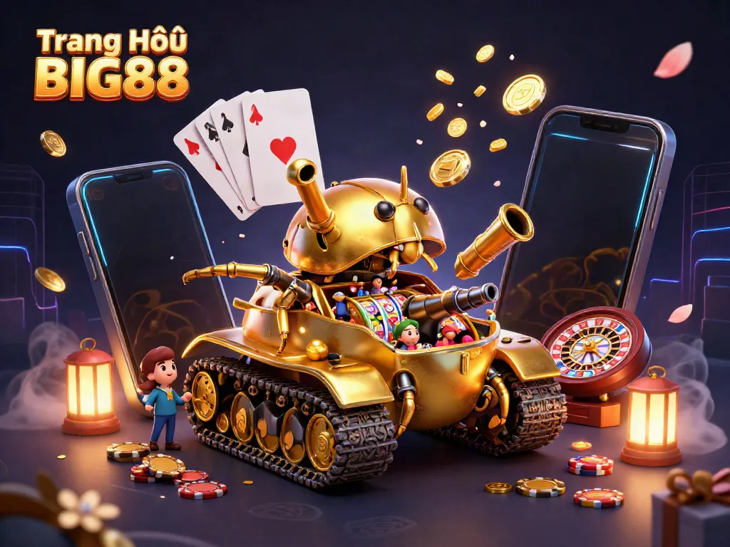 Experience the excitement with Trang Chủ BIG88 as golden coins erupt and a mini casino awaits inside a golden beetle tank.