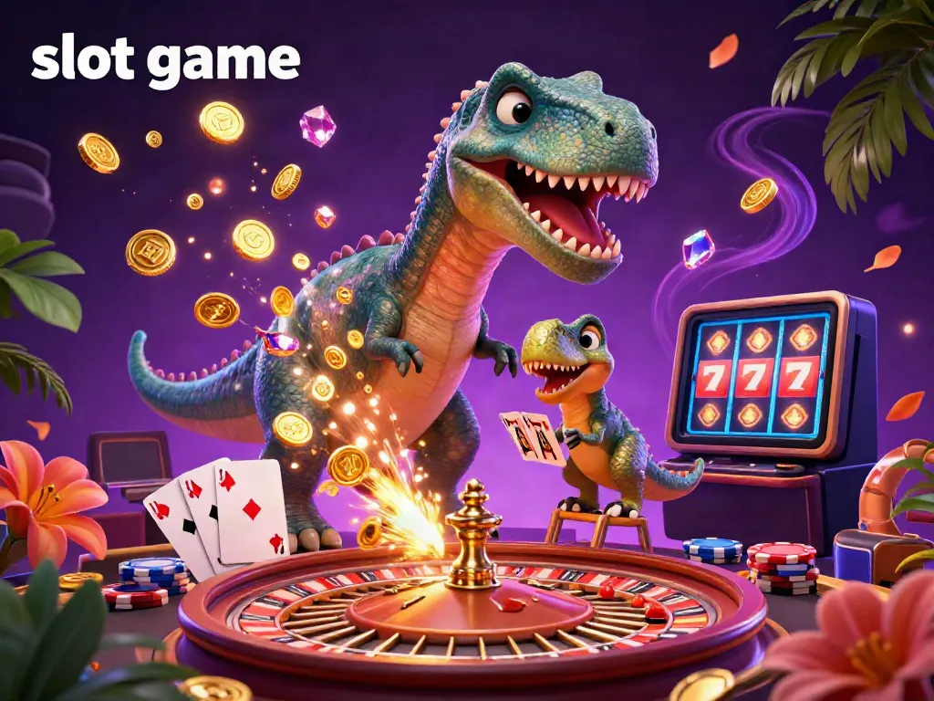 Menangkan slot game dengan brontosaurus yang mencolok dan raptor yang membagikan kartu di kasino.