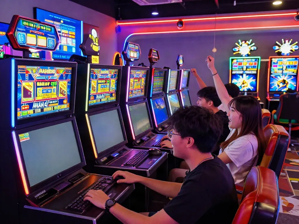 Excited players enjoy Slot MAHJONGJP88 in a lively gaming lounge.