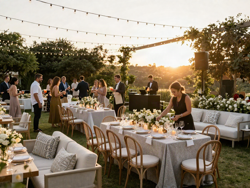 Event furniture rental showcased in an elegant outdoor wedding setup with stylish tables and lounges, creating a romantic atmosphere.
