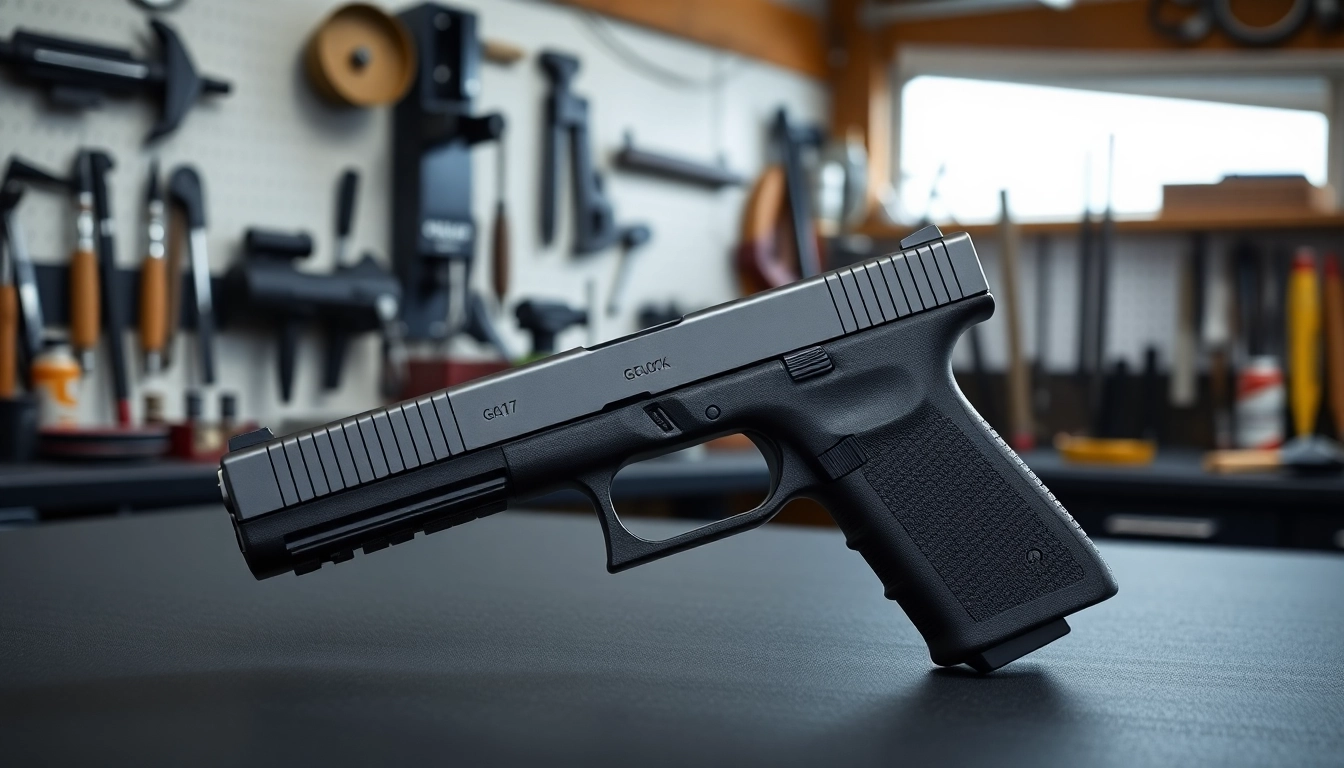 Examine a detailed glock 17 gen 5 slide showcased on a craftsman's workbench, emphasizing precision.