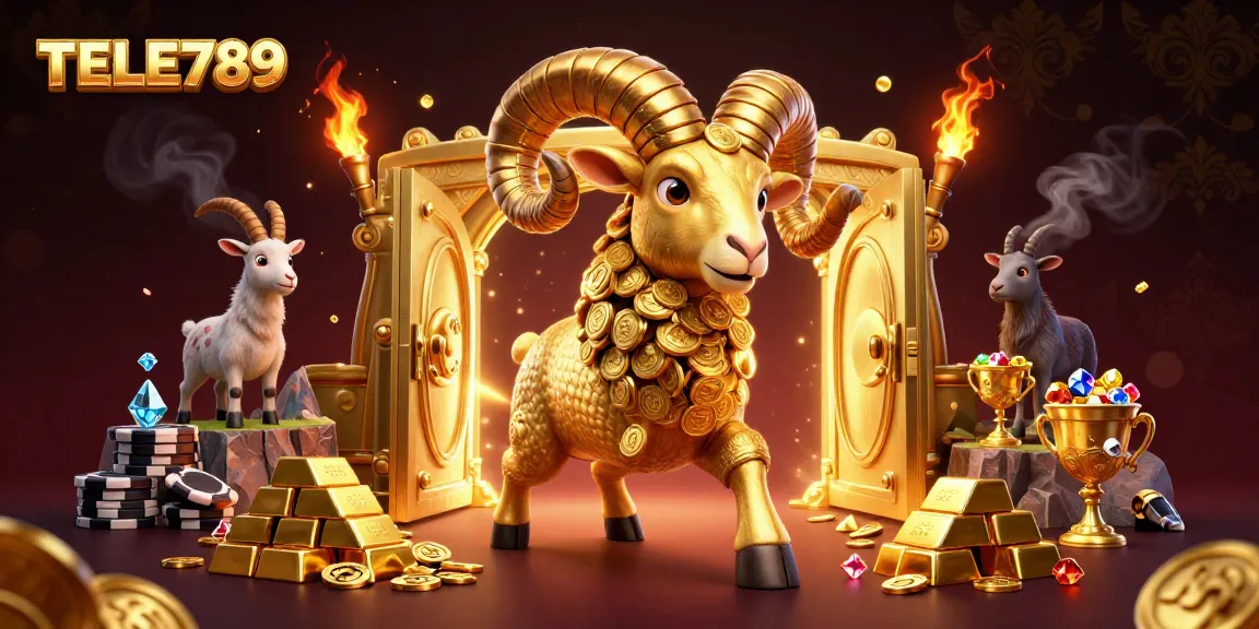 Bet it big with TELE789's vibrant casino scene featuring golden treasures and a charging ram.