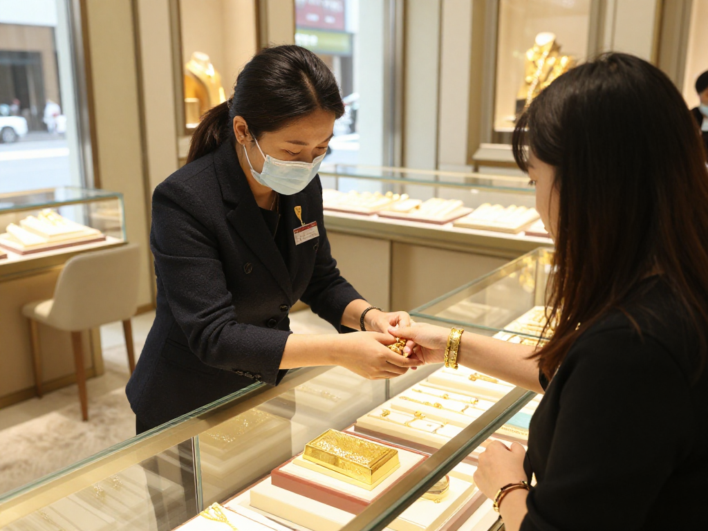 mantra 88 featured in an elegant jewelry store showcasing stunning 24K gold bracelets.
