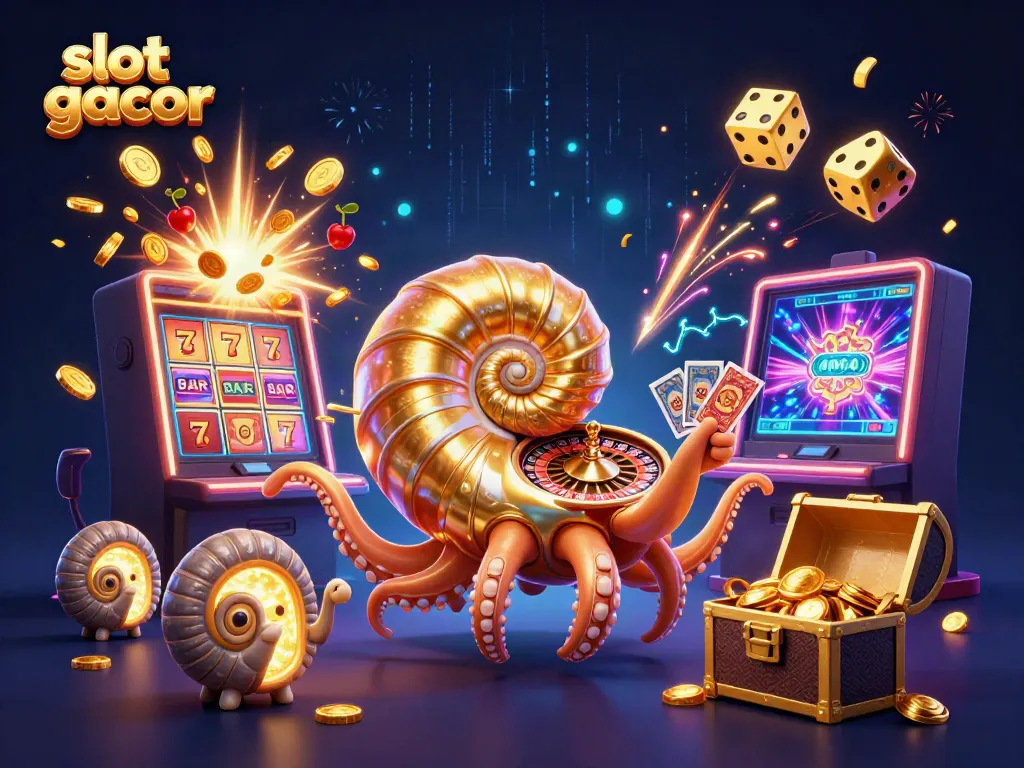 Engage in slot gacor excitement with a vibrant 3D illustration of a casino jackpot scene.