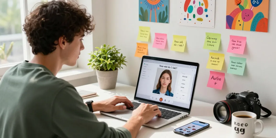 Young adult engaging with AI to discover how old do I look, in a vibrant workspace.