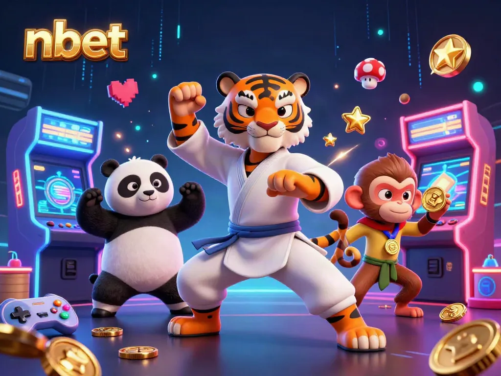 Experience the thrills of nbet with the kung fu tiger and panda in this vibrant casino-themed illustration.