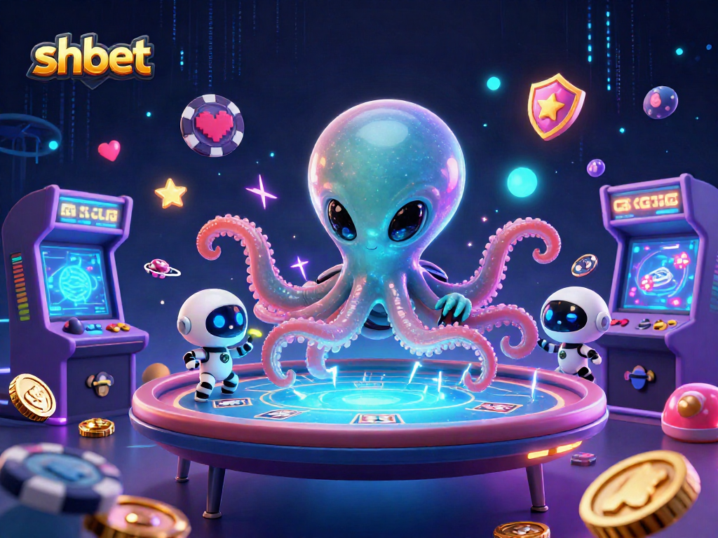 Experience shbet's thrilling arcade poker action with an alien octopus and a robot in a cosmic casino.