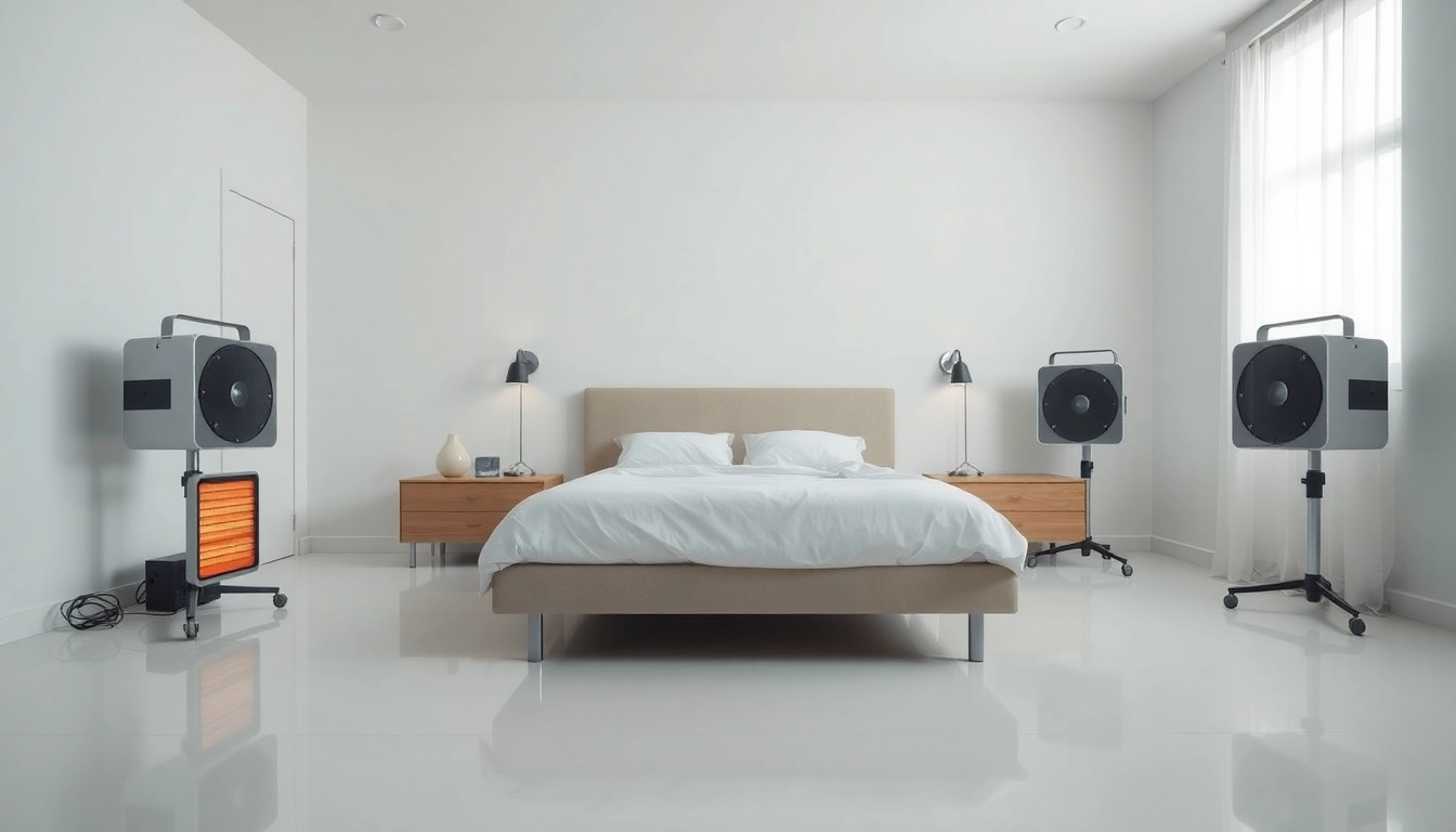 Treating bed bugs with heat treatment in a modern, clean bedroom setup
