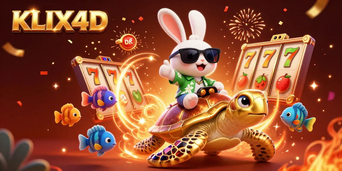 Raih kemenangan besar bersama KLIX4D dalam ilustrasi kasino dengan kelinci keberuntungan dan kura-kura emas.