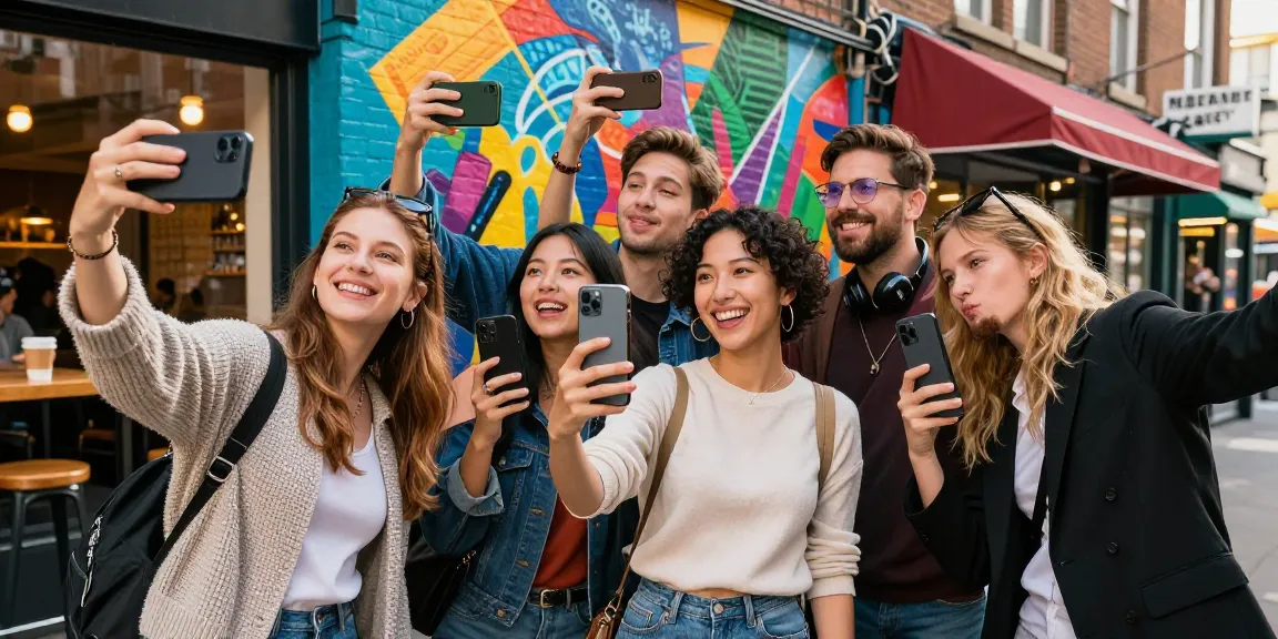 Friends comparing selfies to see who looks like a celebrity in vibrant urban setting