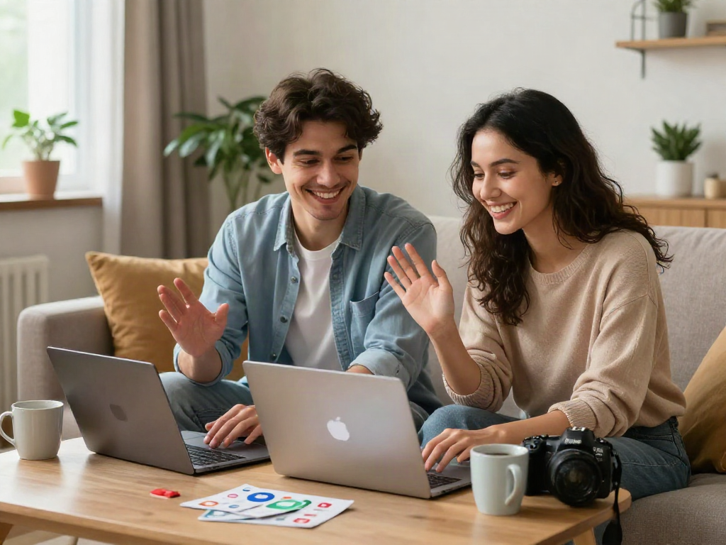 A young couple enjoying a video call on a digital platform, showcasing their crush on each other in a cozy living room.